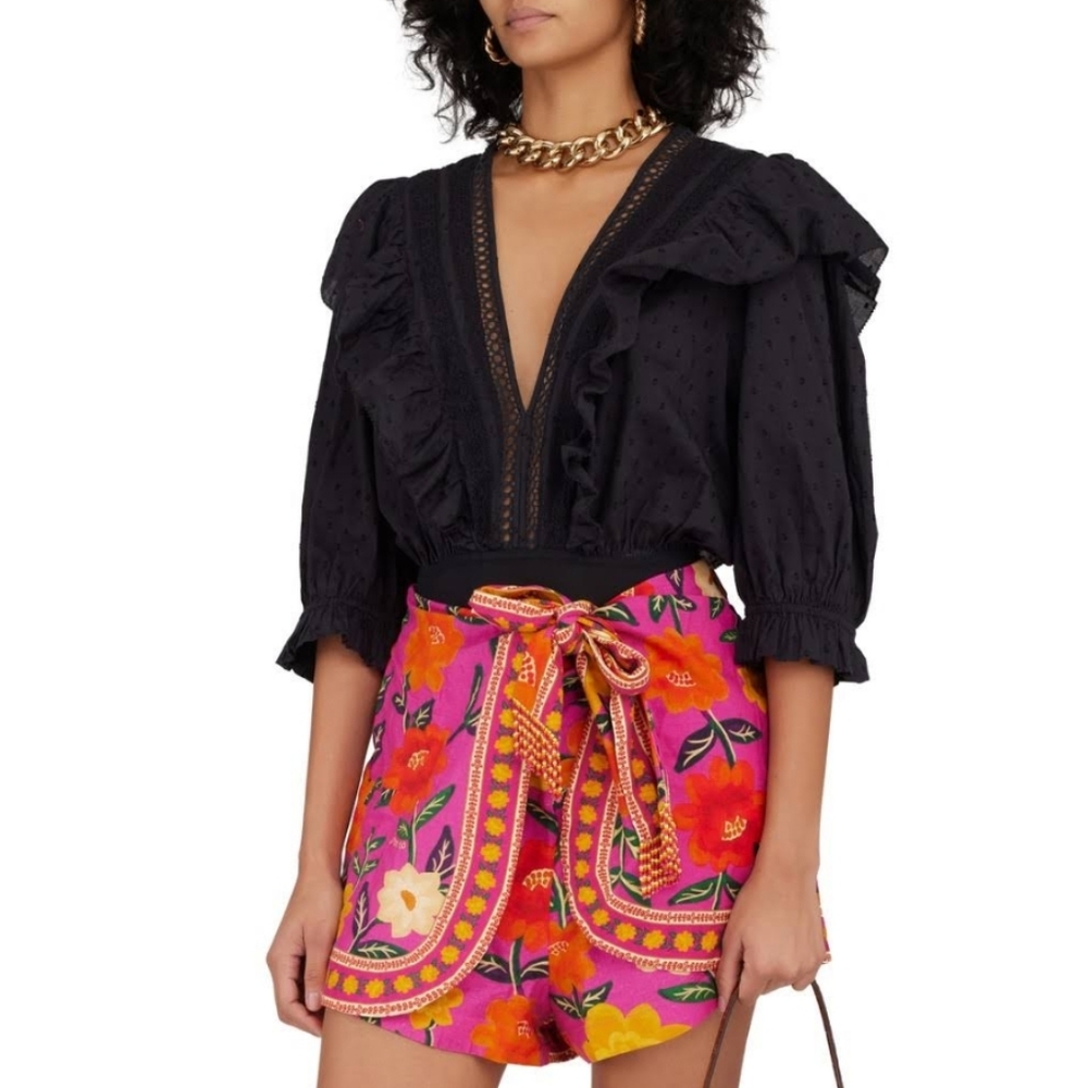 FARM Rio Floral High Waist Shorts in Pink and Orange - Picture 6 of 12